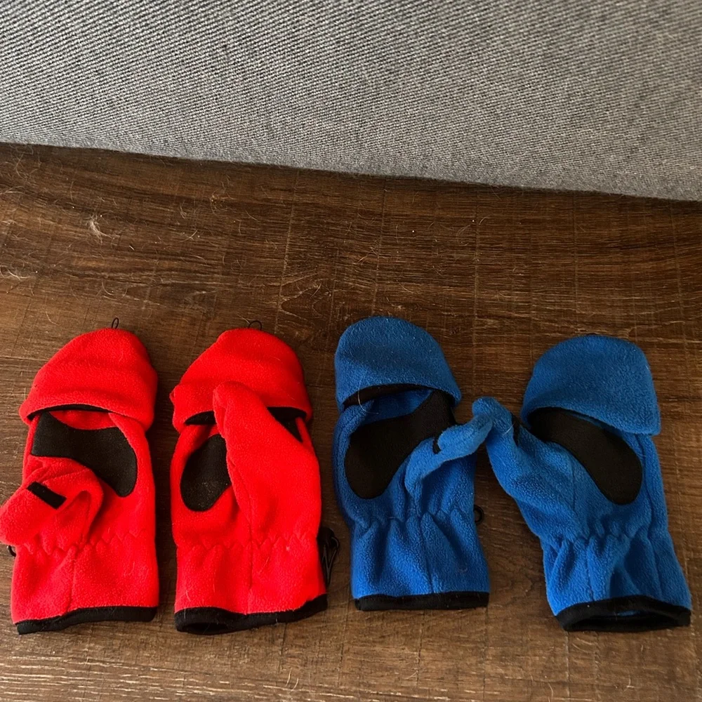 Kids Red and Blue convertible Fingerless mittens/ gloves - 2 pairs